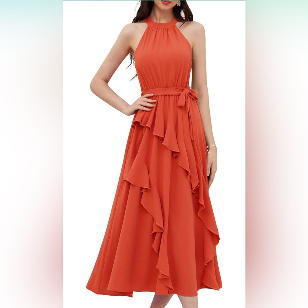 GRACE KARIN OrangeSleeveless Halter Neck Ruffle Hem Split Flowy Dress, size M